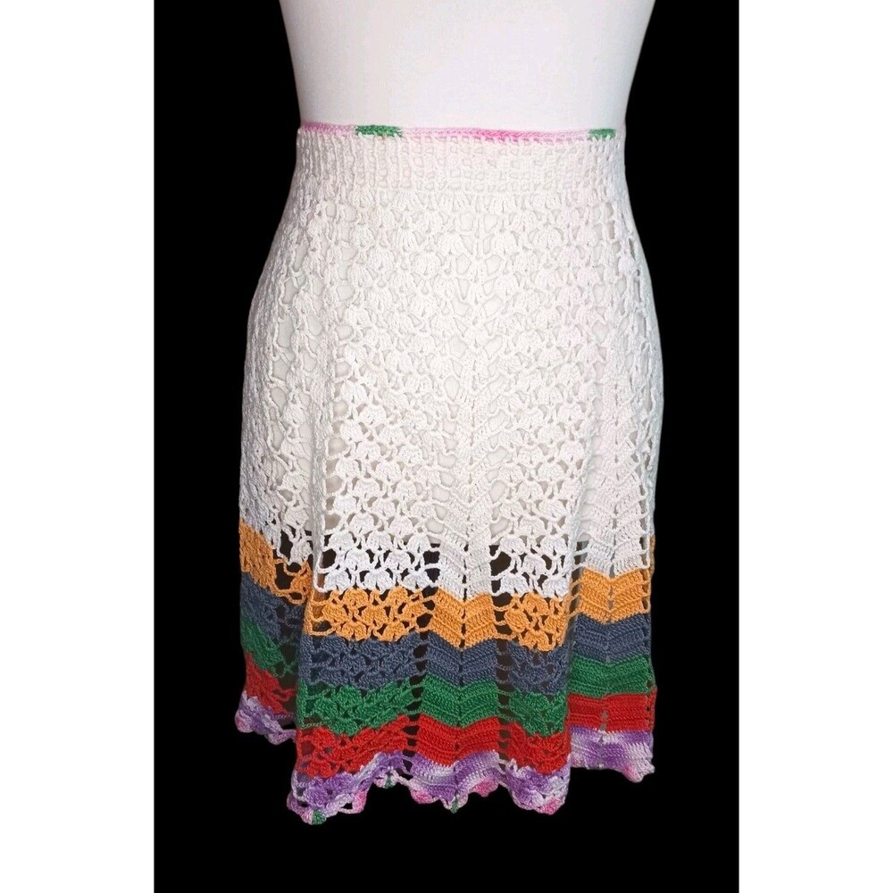 Vintage Cotton Hand Crochet Half Apron White w/ Rainbow Stripes Hand Made BEAUTY